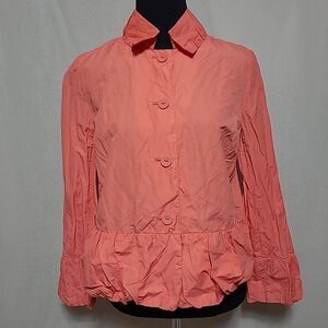 Chico’s Coral Button Front Nylon Jacket Sz 0 US XS Ruffle Cuff Peplum Pink Coral